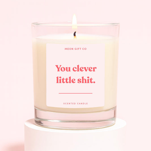 Glass scented candle with lit wick, cream wax, 'You clever little shit.' label